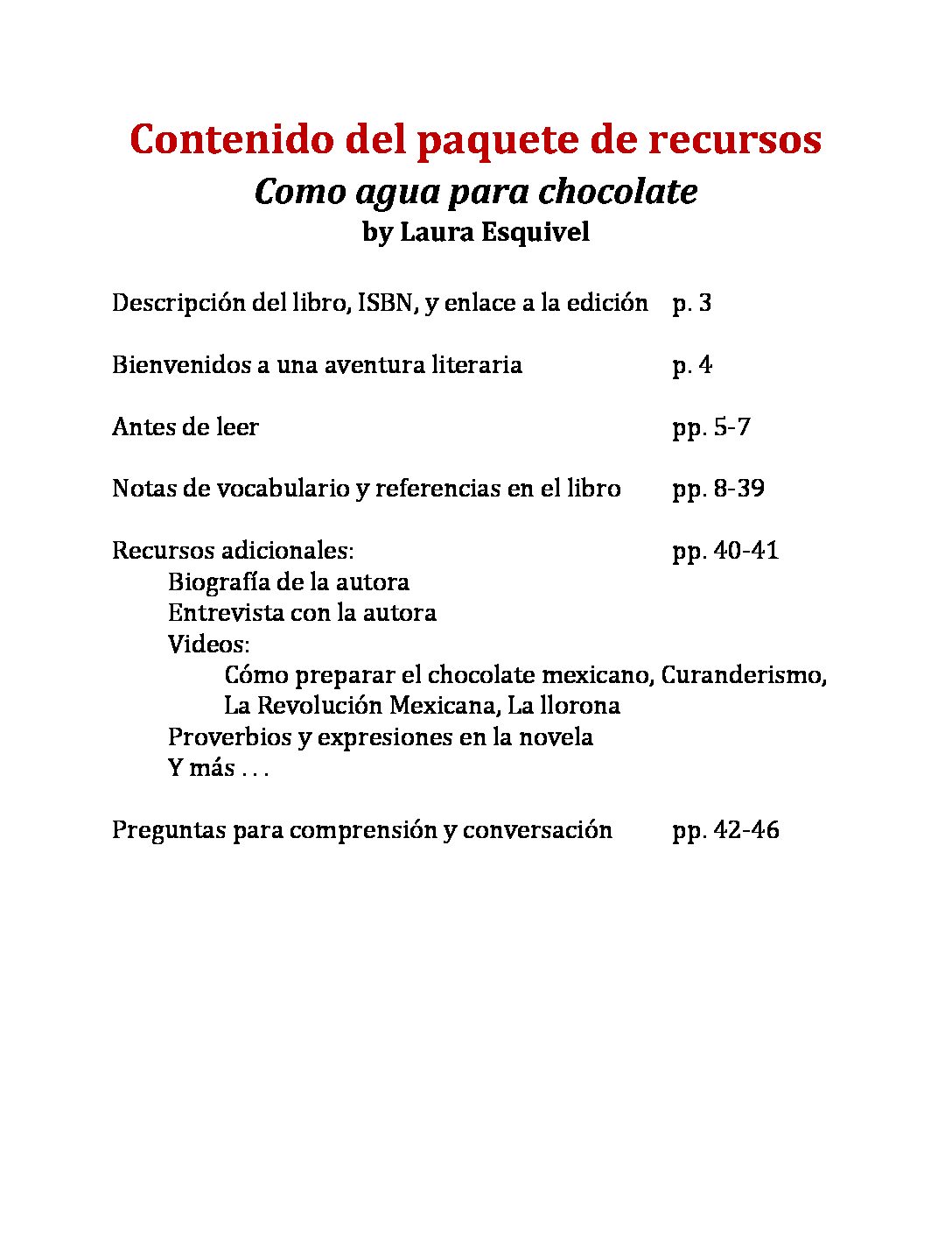 Resource Package For Como Agua Para Chocolate